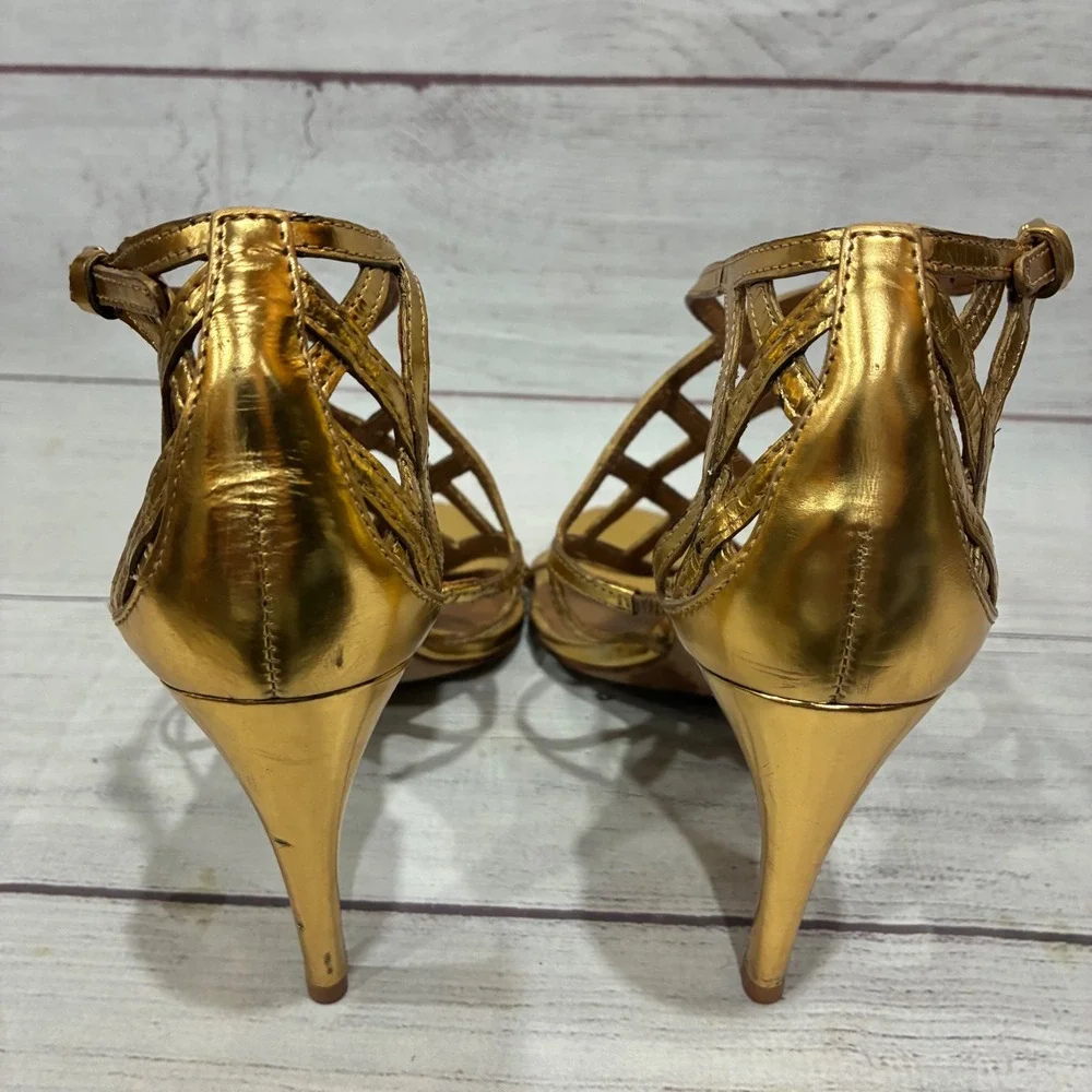 Tory Burch Amalie Strappy Cage Womens 7.5 Gold Metallic Stiletto Heels Buckle